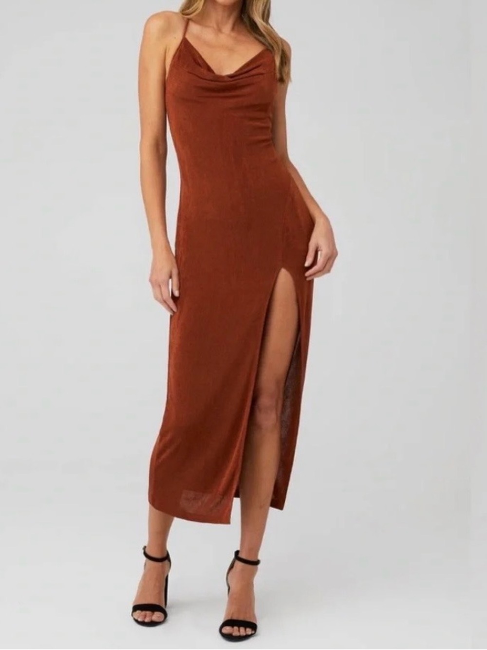 Cowl-Neck Midi Slip Dress in Rust Brown